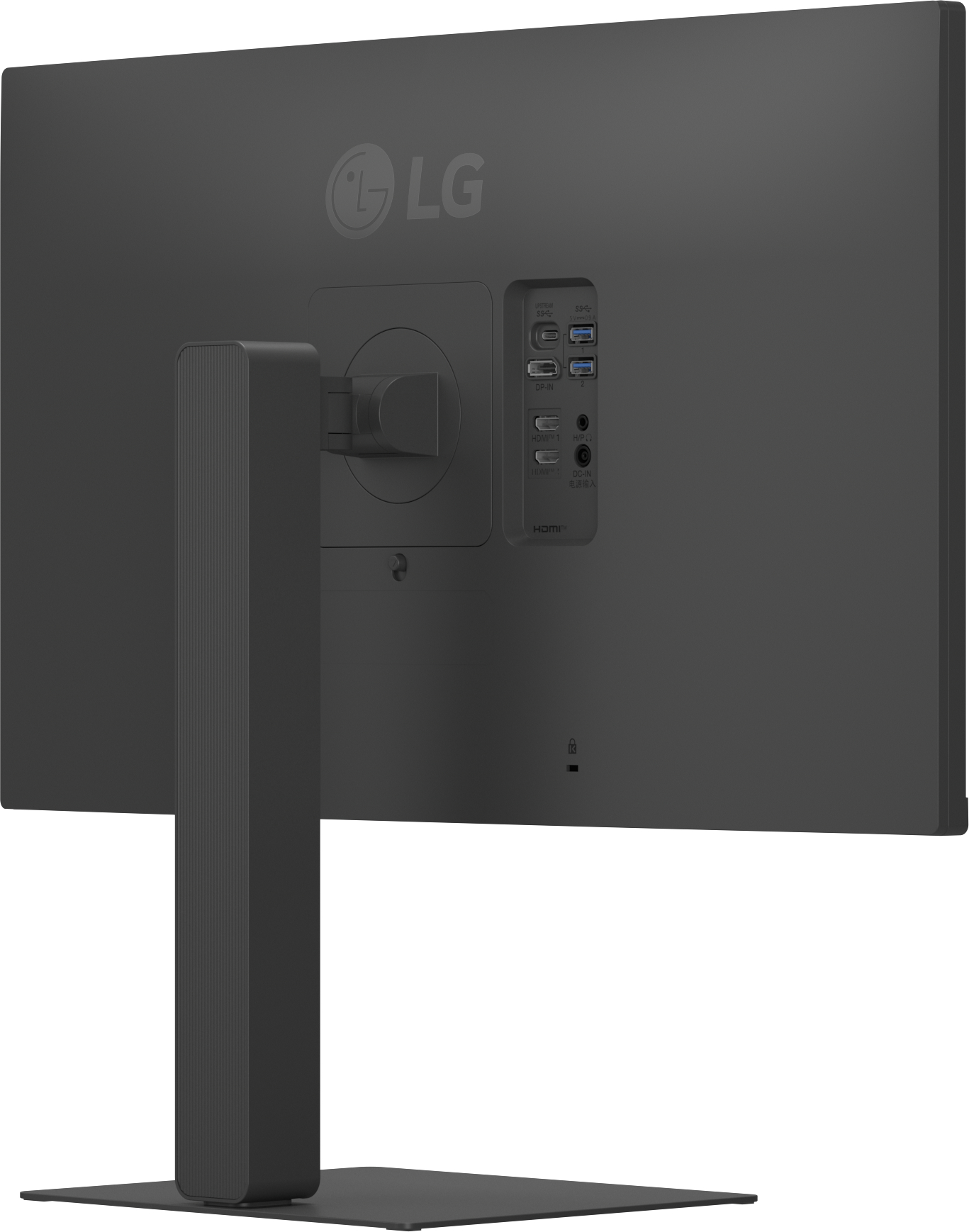 Rückseite eines schwarzen LG-Monitors. Er hat mehrere Anschlüsse, einen Standfuß und das LG-Logo oben links.
