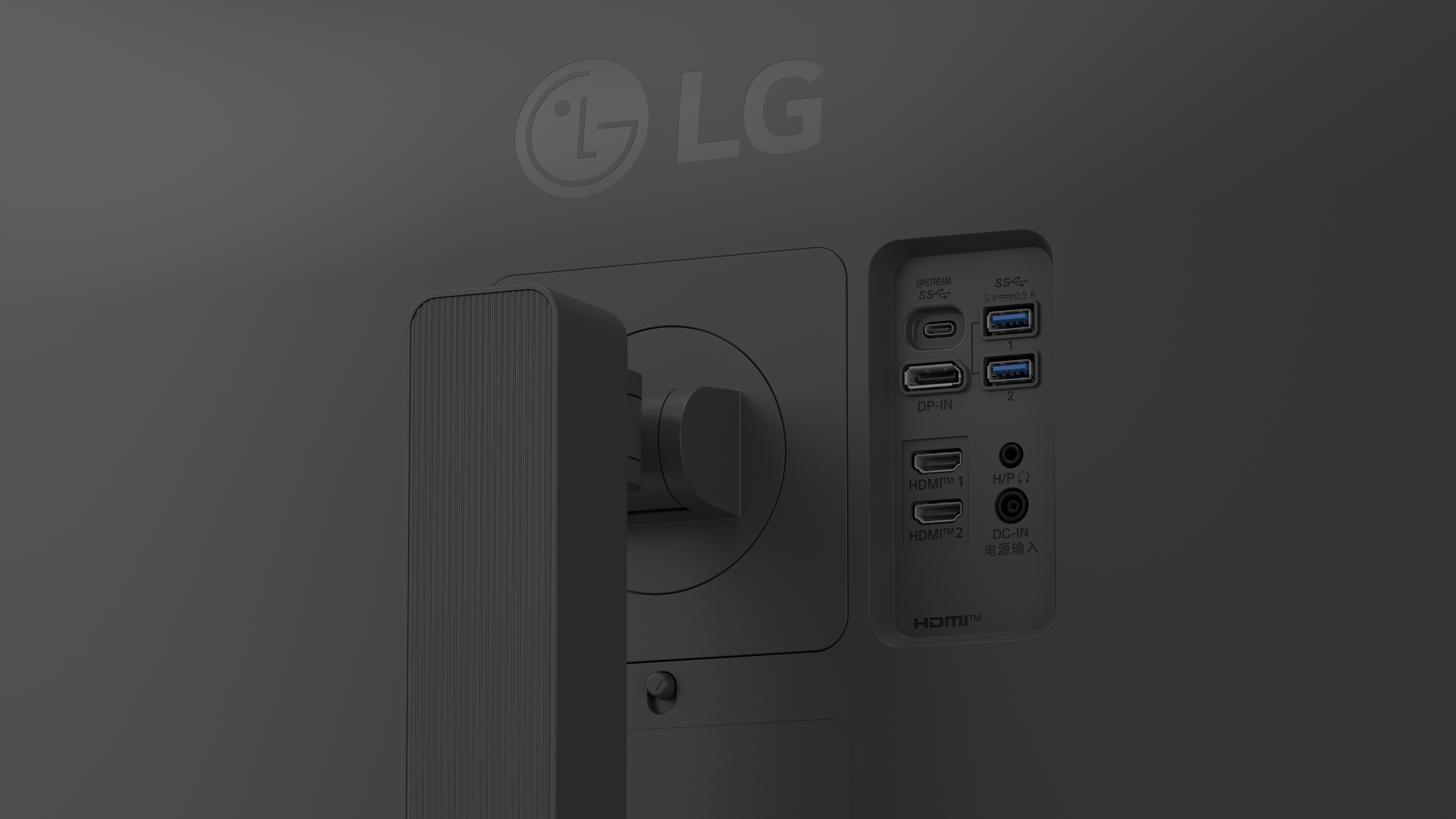 Rückansicht eines schwarzen LG-Monitors. Enthält Anschlüsse, Verbindungen und das LG-Logo.