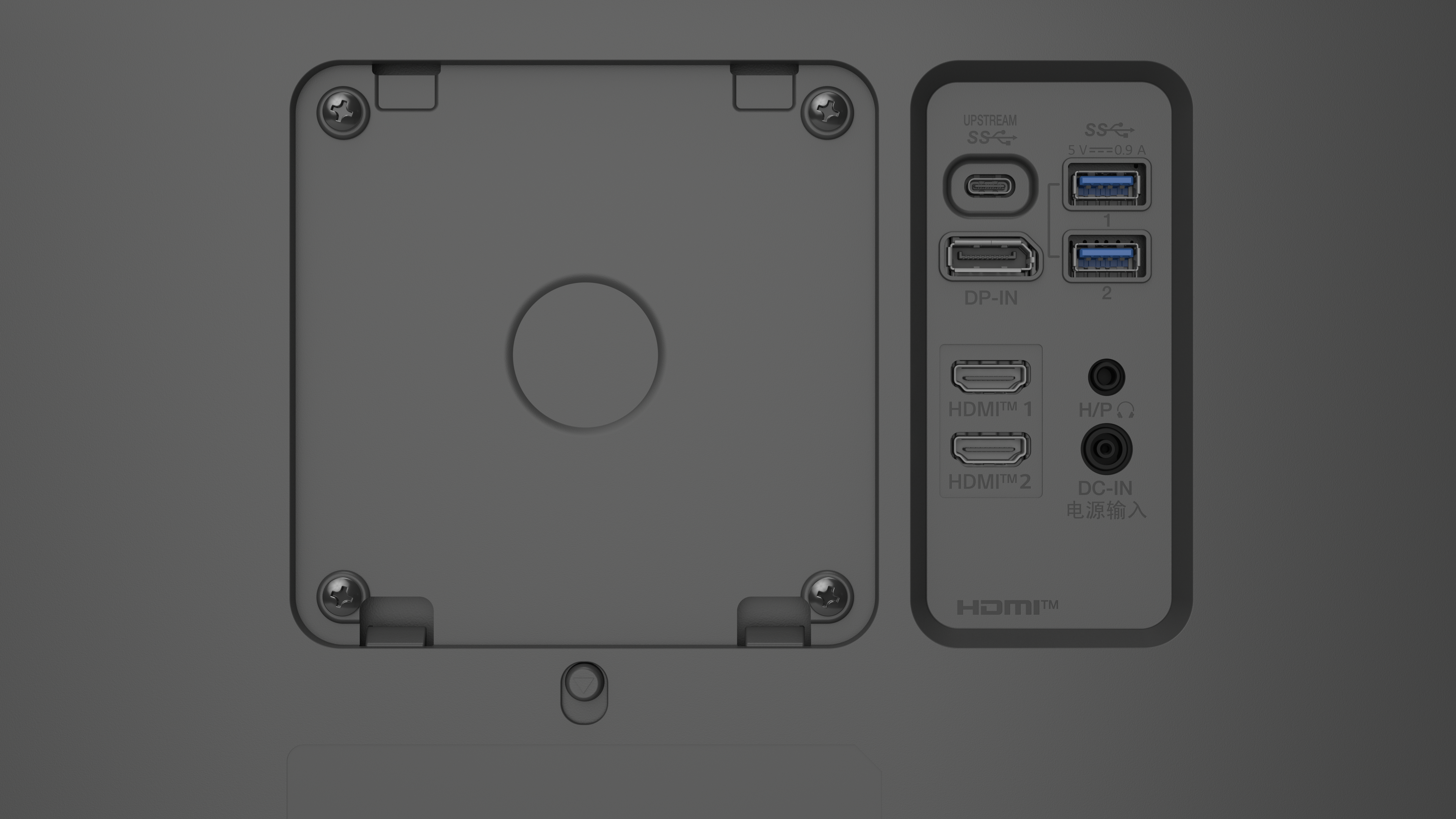 Eine dunkelgraue Geräte-Rückseite mit verschiedenen Anschlüssen, darunter HDMI, USB und Strom, sowie einer kreisförmigen Vertiefung.