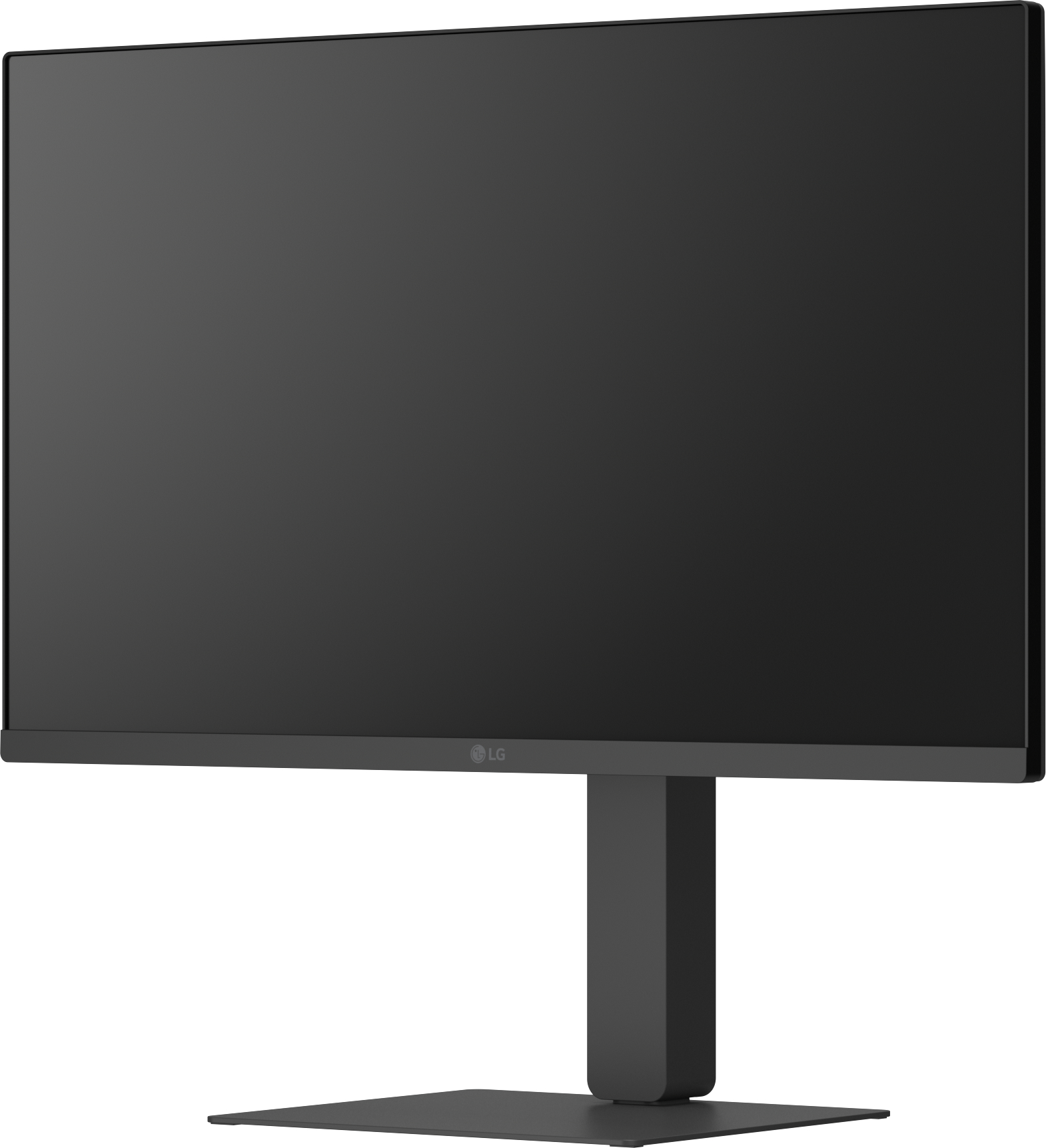 Ein schwarzer LG-Computermonitor steht auf einem grauen Ständer. Der Bildschirm ist dunkel. LG-Logo unten.