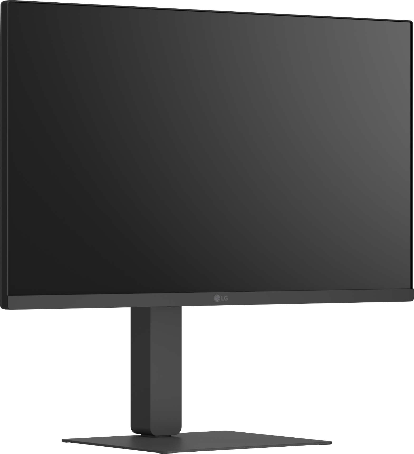 Ein schwarzer LG-Monitor steht auf einem dunkelgrauen Sockel. Der Bildschirm ist dunkel, der Ständer ist rechteckig und zentriert.
