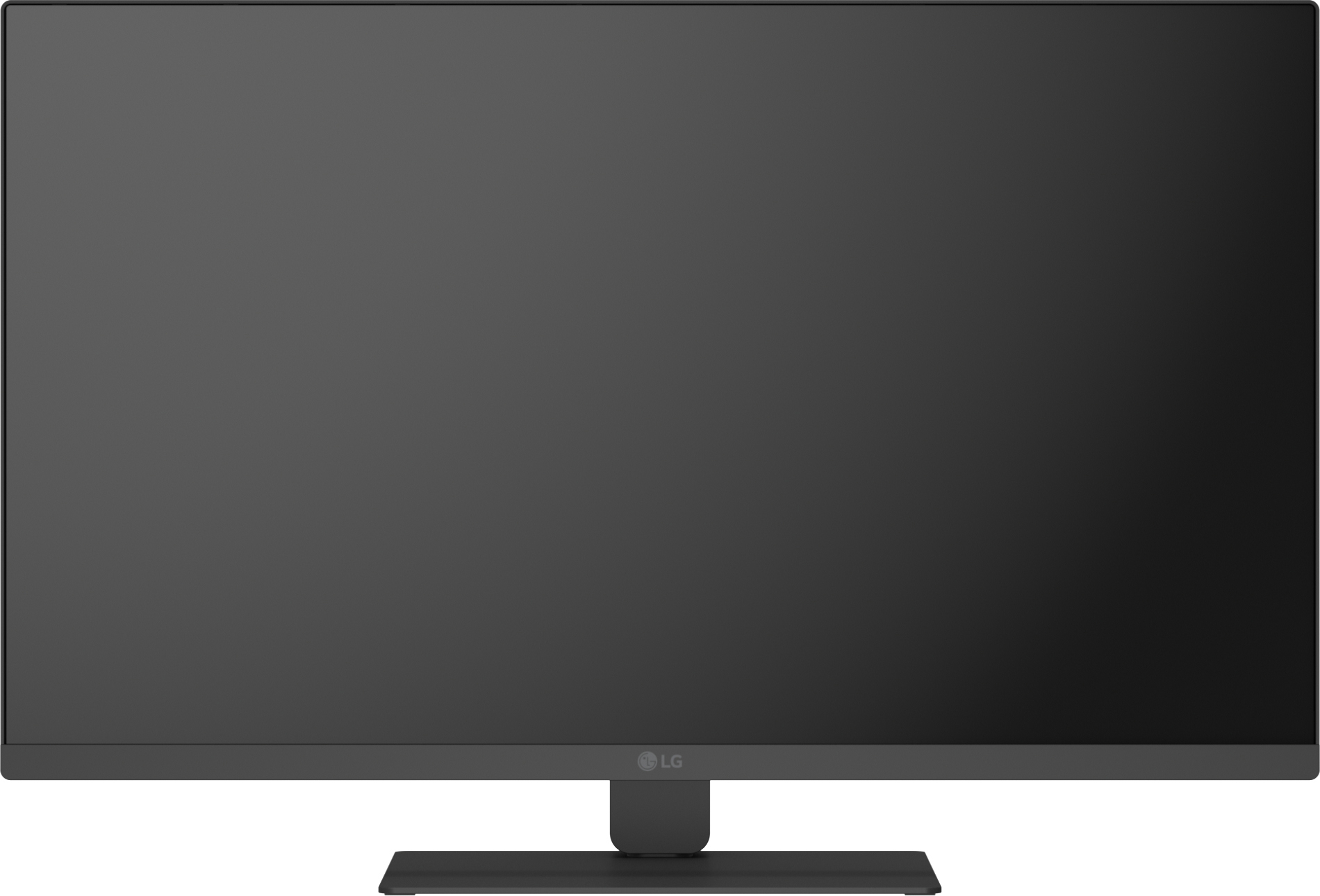 Ein dunkelgrauer LG-Monitor. Der Bildschirm ist zentriert, mit kleinem Fuß und Ständer. Das LG-Logo befindet sich unten.