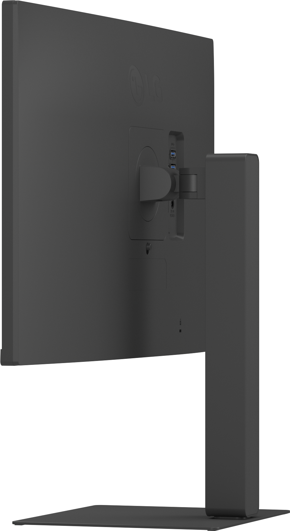 Rückansicht eines schwarzen LG-Monitors. Anschlüsse, einschließlich USB, sind sichtbar. Der Ständer ist ebenfalls schwarz.