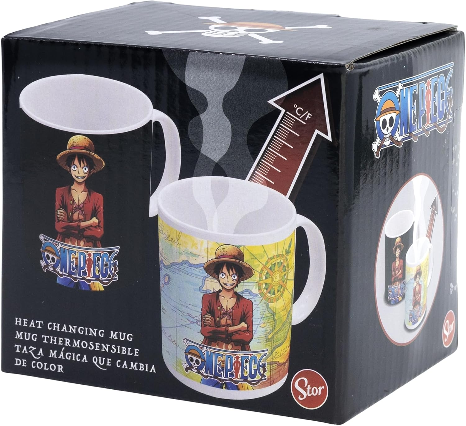 Una taza de One Piece dentro de una caja. La taza tiene a Luffy con un diseño de mapa. La caja muestra la taza y el logo de One Piece.