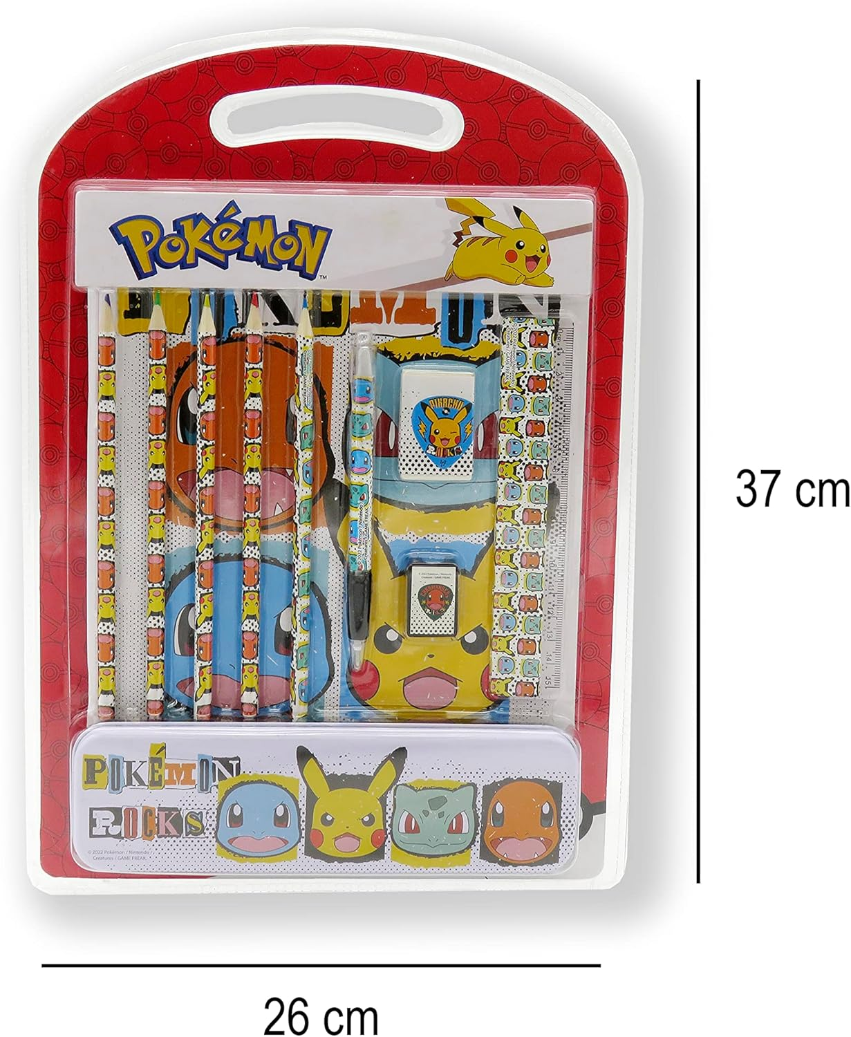Se muestra un kit escolar de Pokemon. Contiene lápices, una regla, un estuche y otros artículos de papelería, mostrando varios personajes de Pokemon.