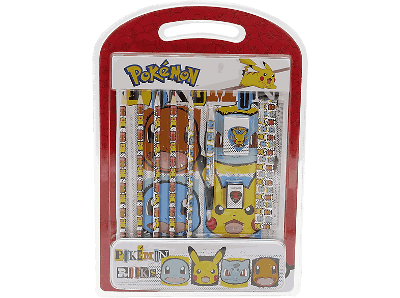 Pack papelería - Pokémon: 1 plumier, bloc, 5 lápices de colores, bolígrafo, goma, sacapuntas y regla