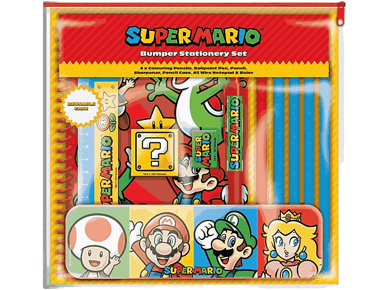 Pack papelería - Super Mario: estuche, cuaderno A5, 4 lápices de colores, bolígrafo, lápiz, regla y sacapuntas