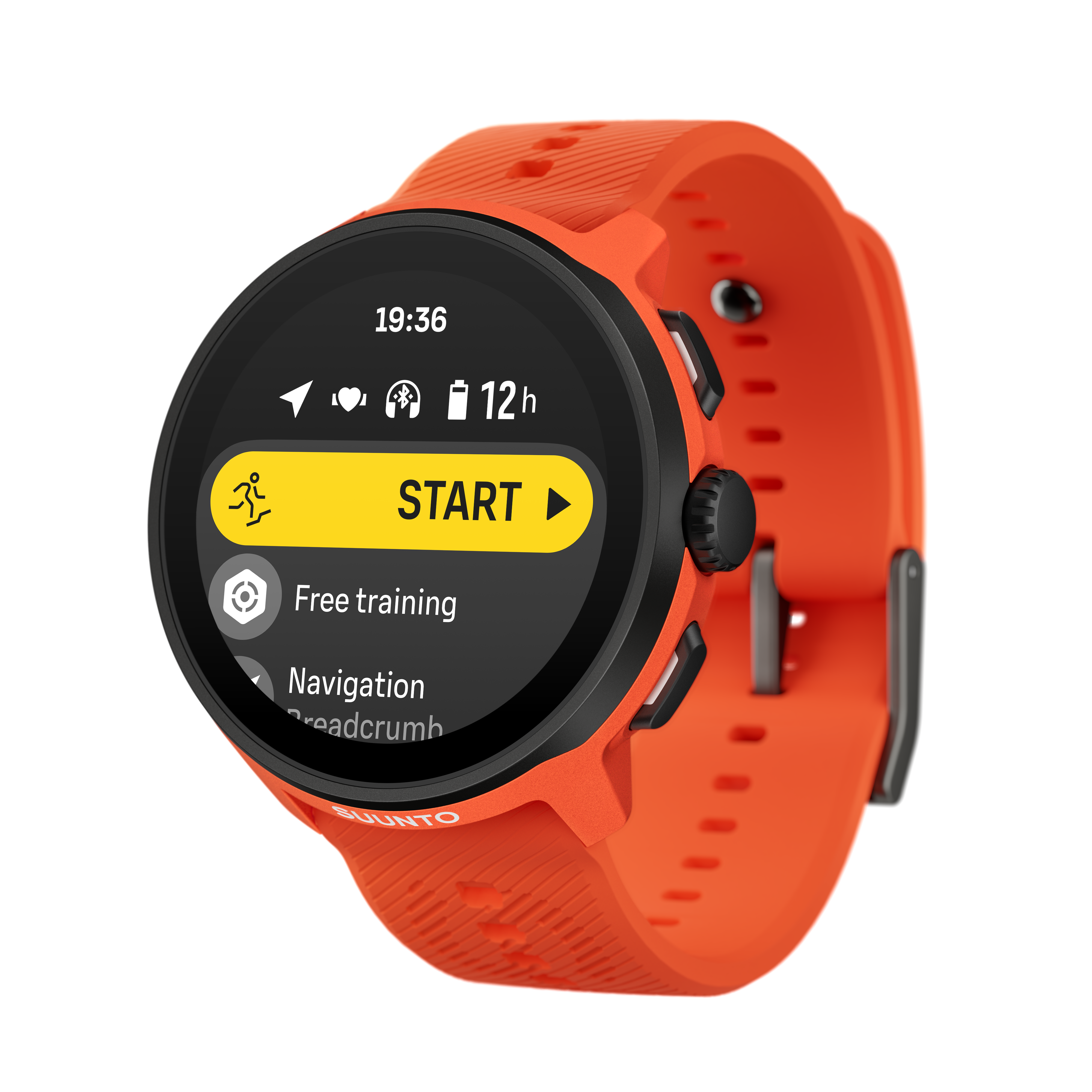 Un reloj inteligente naranja muestra la hora y opciones en una pantalla negra. Visible un botón amarillo 'START'.