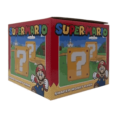 Un banco de monedas de Super Mario con forma de caja de signo de interrogación. Mario y la caja aparecen en los laterales, con un fondo de hierba.