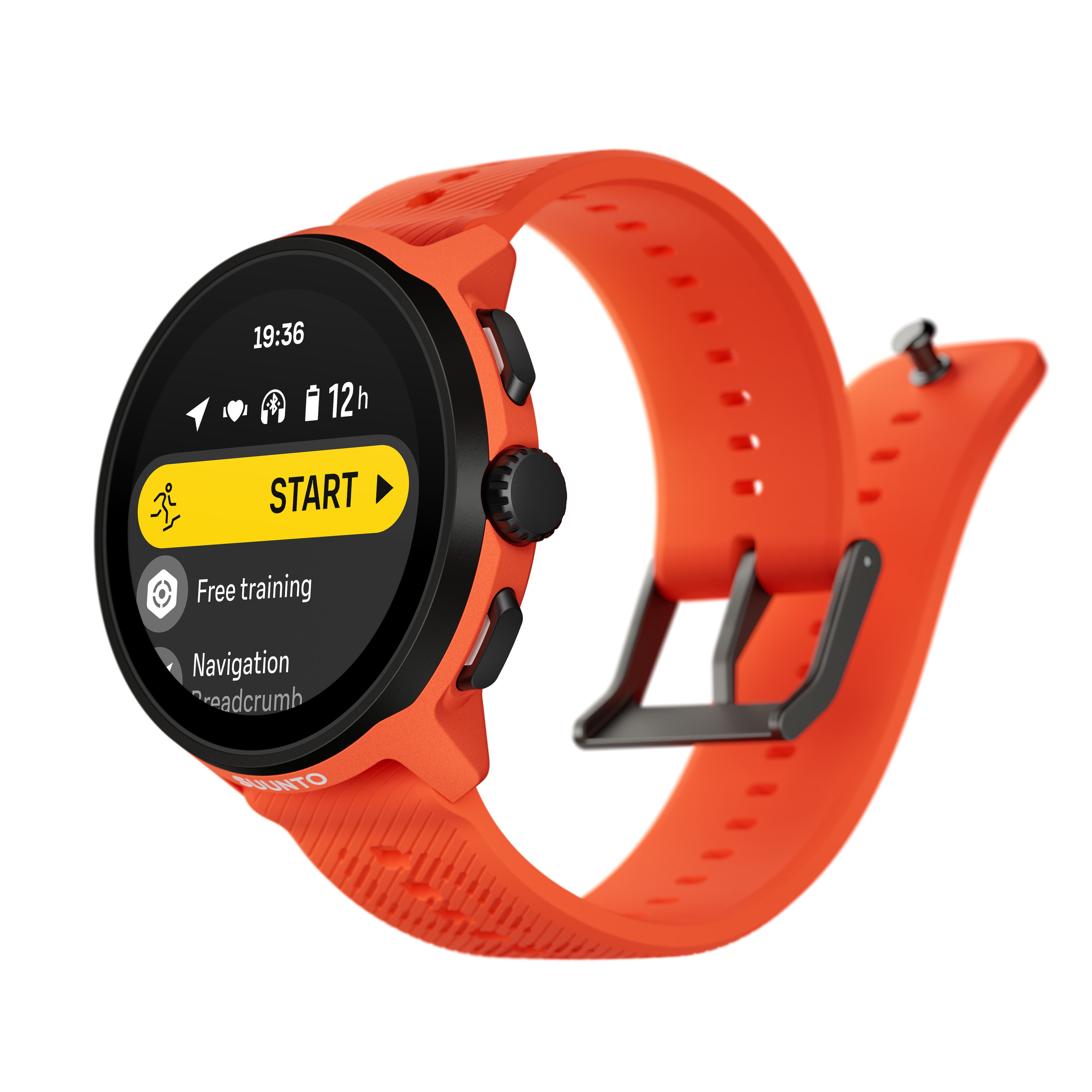 Un reloj inteligente naranja con pantalla negra muestra 19:36, un botón de inicio y otras opciones. La correa es naranja.