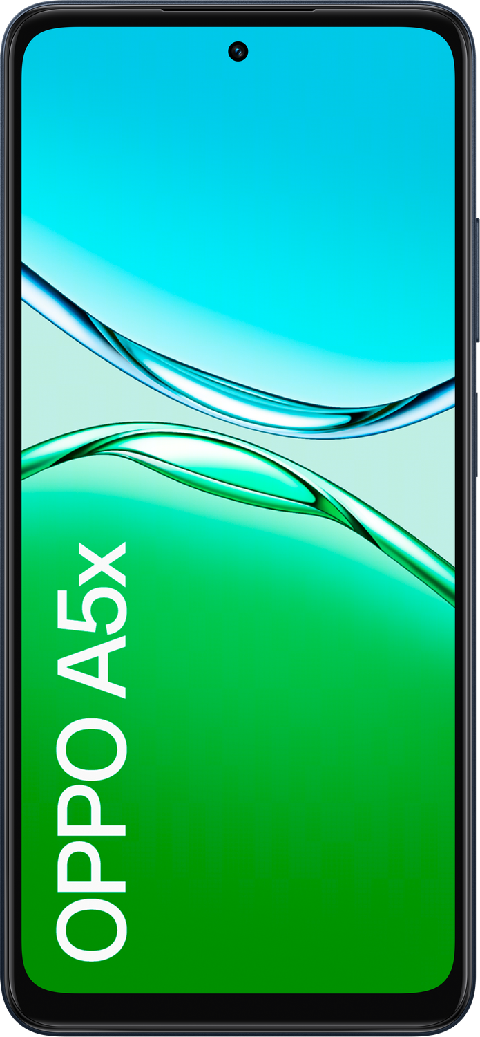 Smartphone OPPO A5x. La pantalla es azul y verde con una cámara en el centro superior. El teléfono es negro con el nombre de la marca.