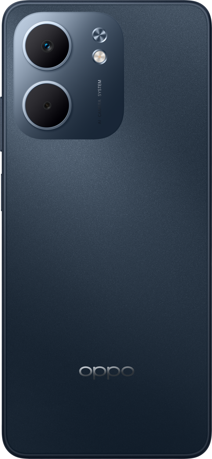 Parte trasera de un teléfono Oppo azul marino. Cuenta con lentes de cámara duales, flash y el logotipo de Oppo. La superficie es mate.
