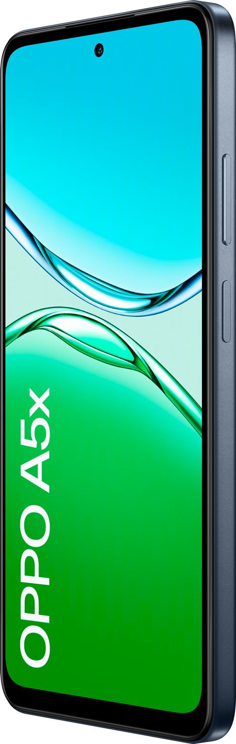 Un smartphone inclinado muestra una pantalla con un diseño abstracto verde y azul. El teléfono es azul oscuro y tiene el texto OPPO A5x.