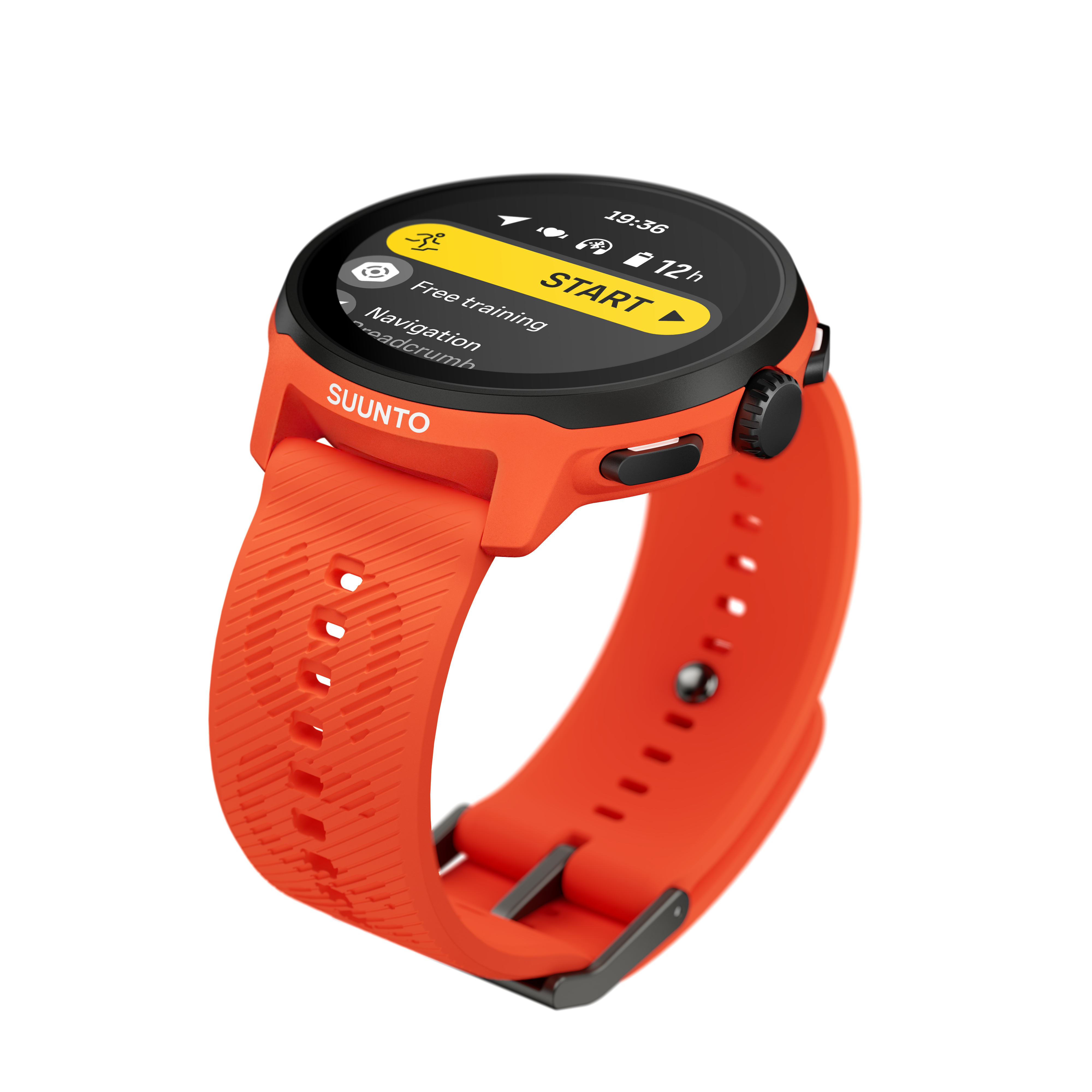 Un reloj Suunto naranja con pantalla negra que muestra 'Iniciar' y 'Entrenamiento libre', sobre un fondo negro.