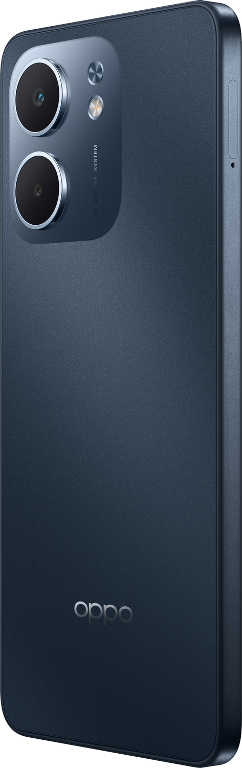 Un teléfono Oppo azul oscuro, vista en ángulo. Muestra lentes de cámara, sistema IA y logo Oppo.