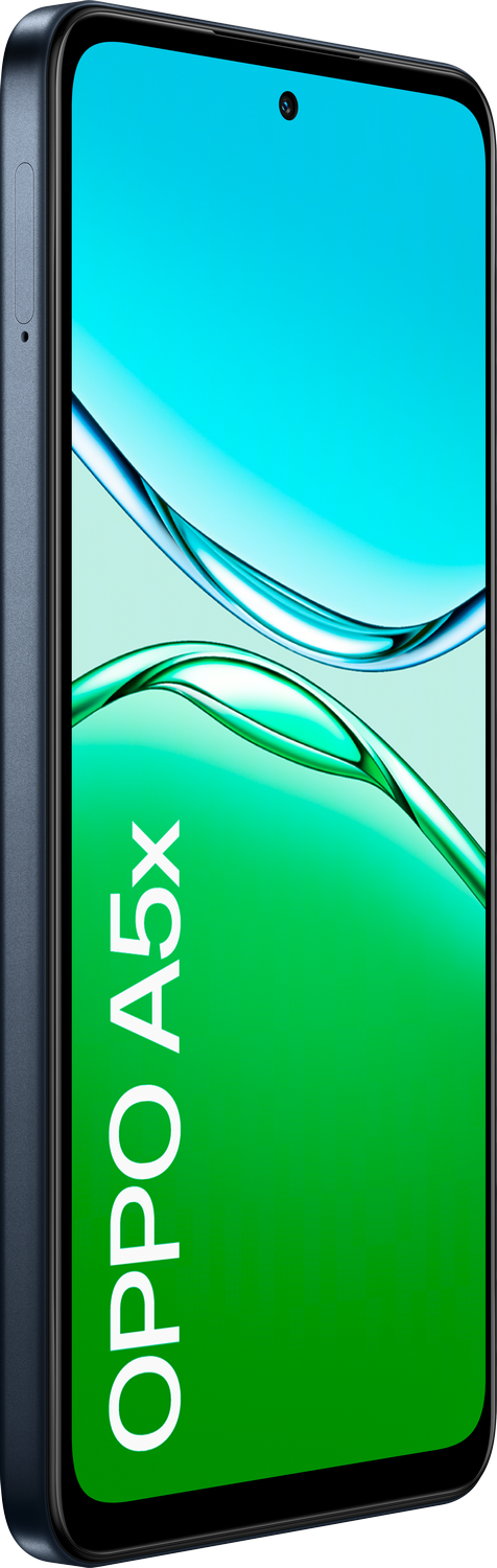 Un teléfono inteligente con una pantalla de gradiente azul-verde que muestra el texto 'OPPO A5x' en blanco. Tiene un marco azul oscuro.