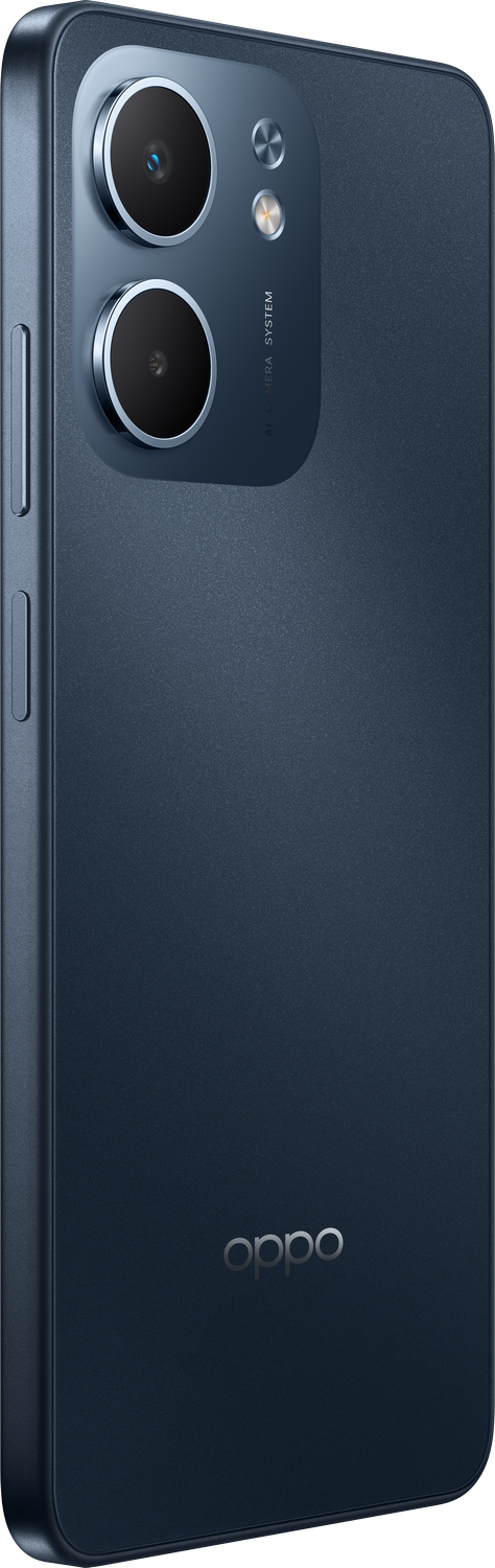 Parte trasera de un smartphone azul oscuro. Tiene dos lentes de cámara prominentes en la parte superior, un flash y el logotipo de Oppo en la parte inferior.