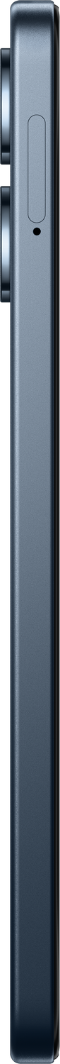 Vista lateral de un teléfono inteligente azul. El dispositivo tiene botones en el lateral. Hay una protuberancia para la cámara. Se ve un punto negro.
