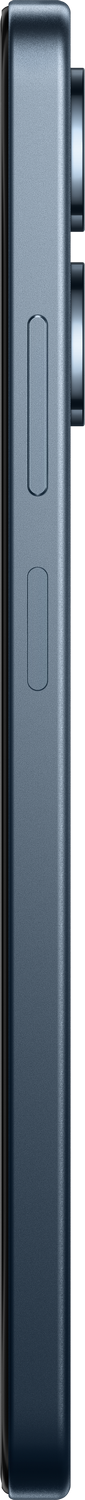 Vista lateral de un teléfono inteligente. Es azul con botones y una protuberancia de la cámara. El fondo es gris.
