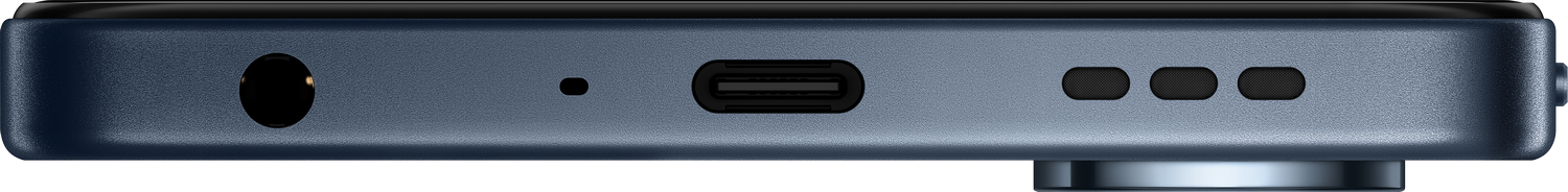 Primer plano del borde inferior de un teléfono azul. Incluye un conector para auriculares, un puerto y tres agujeros pequeños.