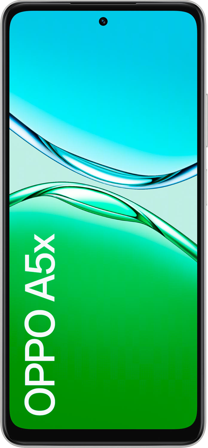 Pantalla del teléfono OPPO A5x con degradado de verde a azul. Lente de cámara visible.