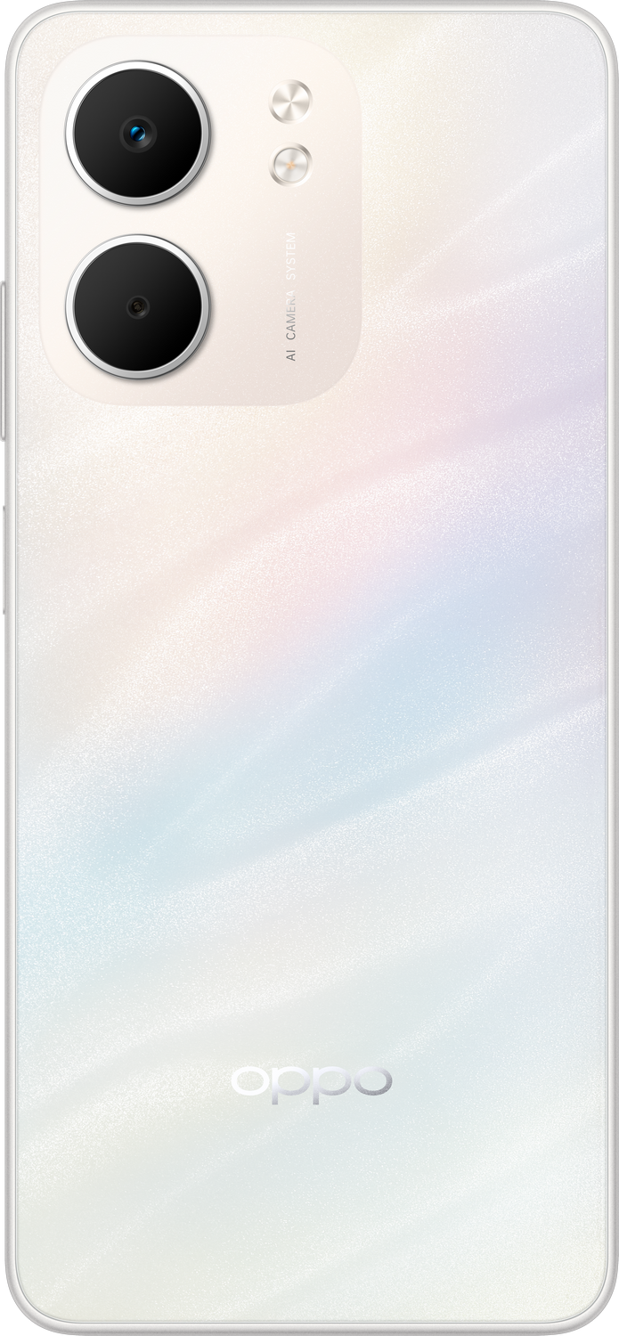 Parte trasera de smartphone Oppo blanco. Tiene dos lentes de cámara y dos círculos más pequeños. La marca 'oppo' está abajo.