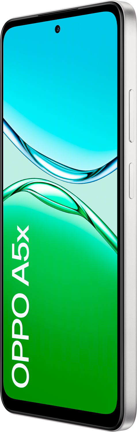 Un teléfono inteligente con una pantalla brillante que muestra un degradado verde y azul. El teléfono es plateado, con cámara y botones.