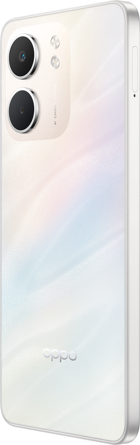 Parte trasera de un smartphone Oppo blanco. Tiene dos lentes de cámara y dos pequeños círculos cerca. El logo de Oppo está abajo.