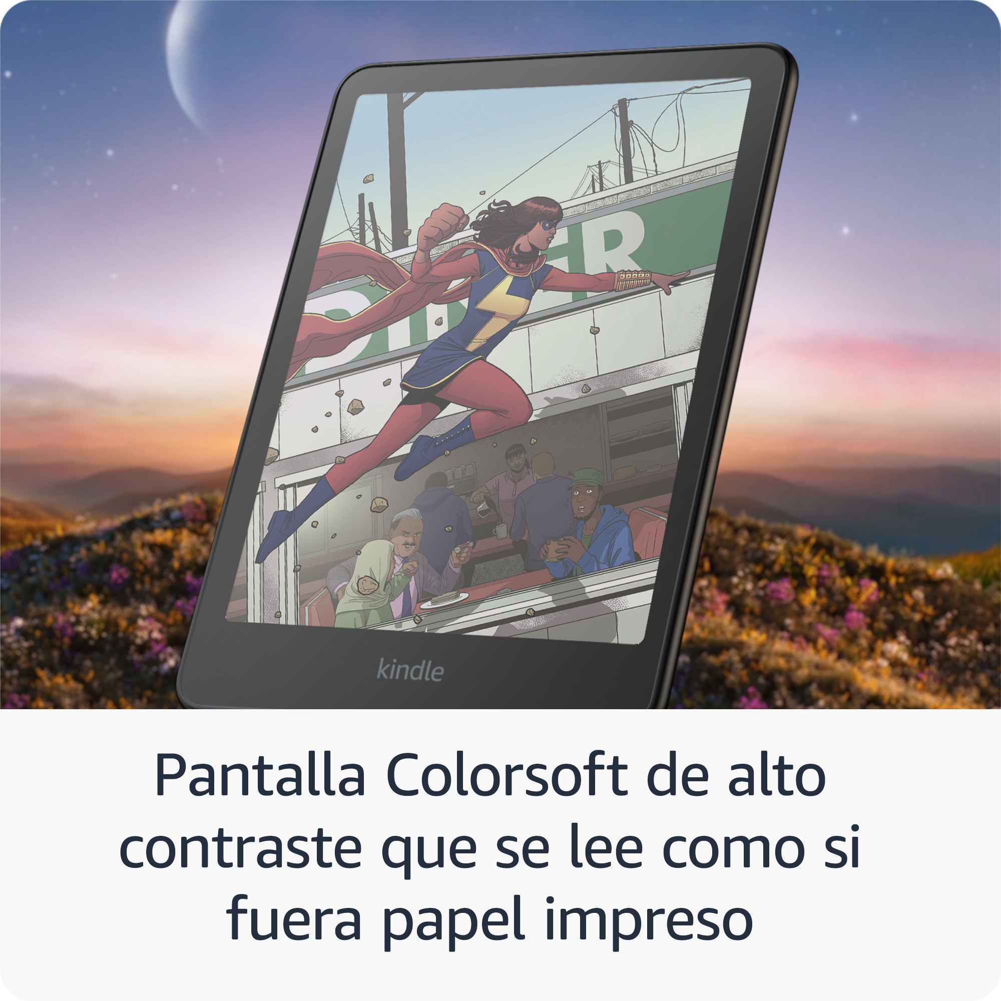 Kindle que muestra una escena de cómic de un superhéroe en acción, con un fondo de cielo y paisaje.
