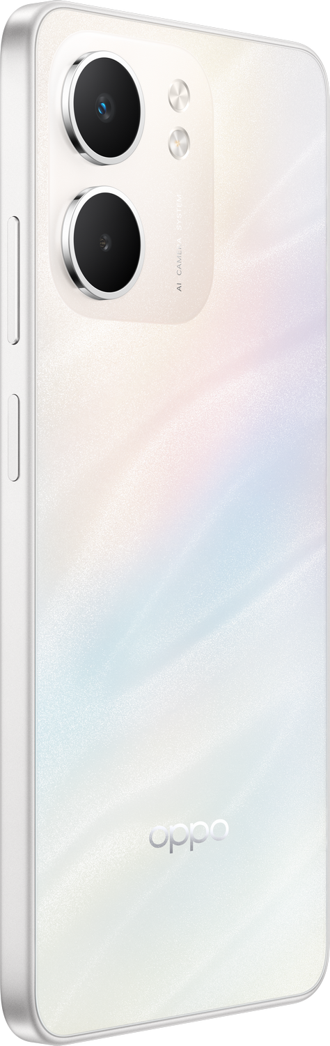 Un smartphone Oppo blanco. Cuenta con dos lentes de cámara prominentes, un diseño elegante y el logotipo de Oppo en la parte inferior.