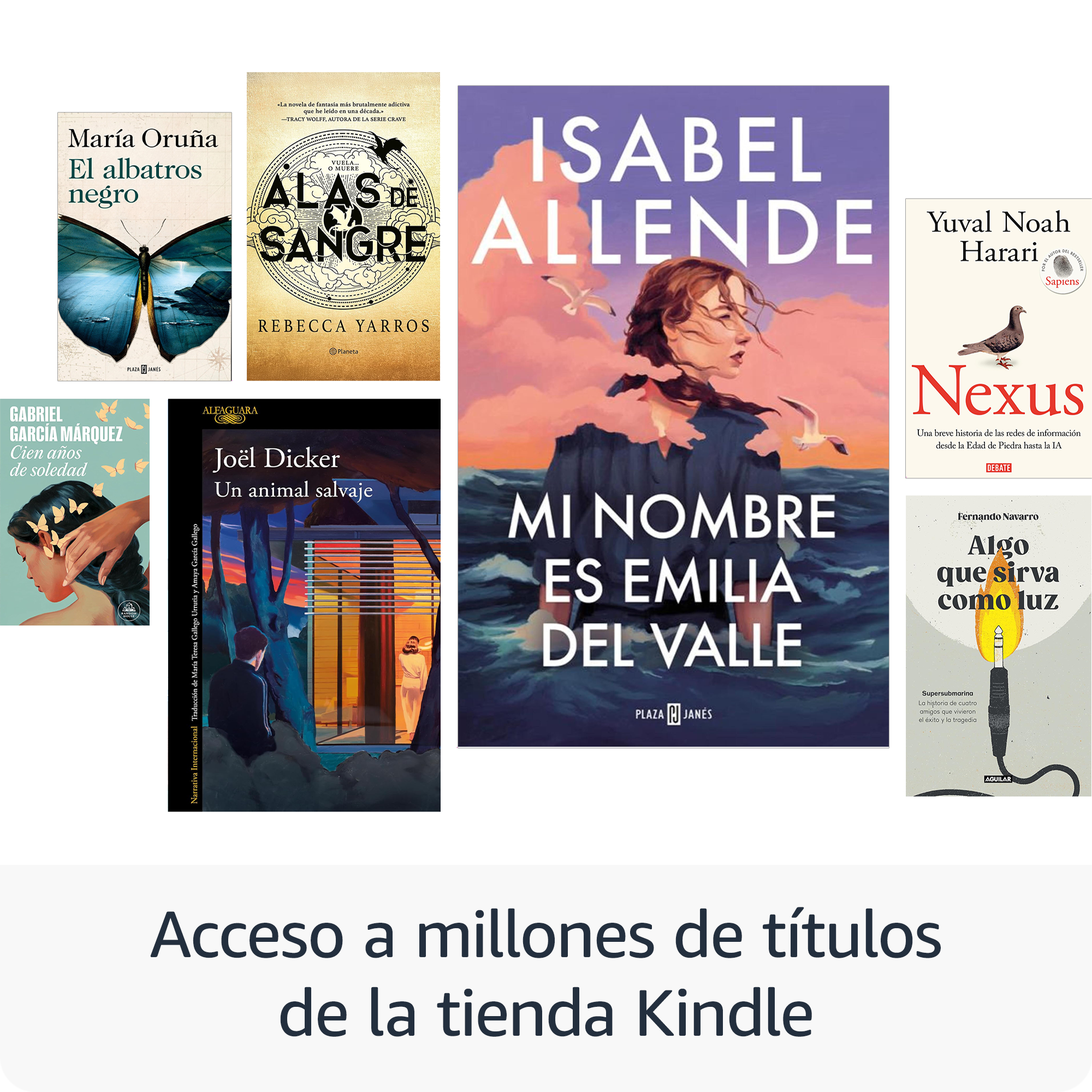 Se muestran varias portadas de libros, incluidos títulos como "El albatros negro" y "Mi nombre es Emilia del Valle".