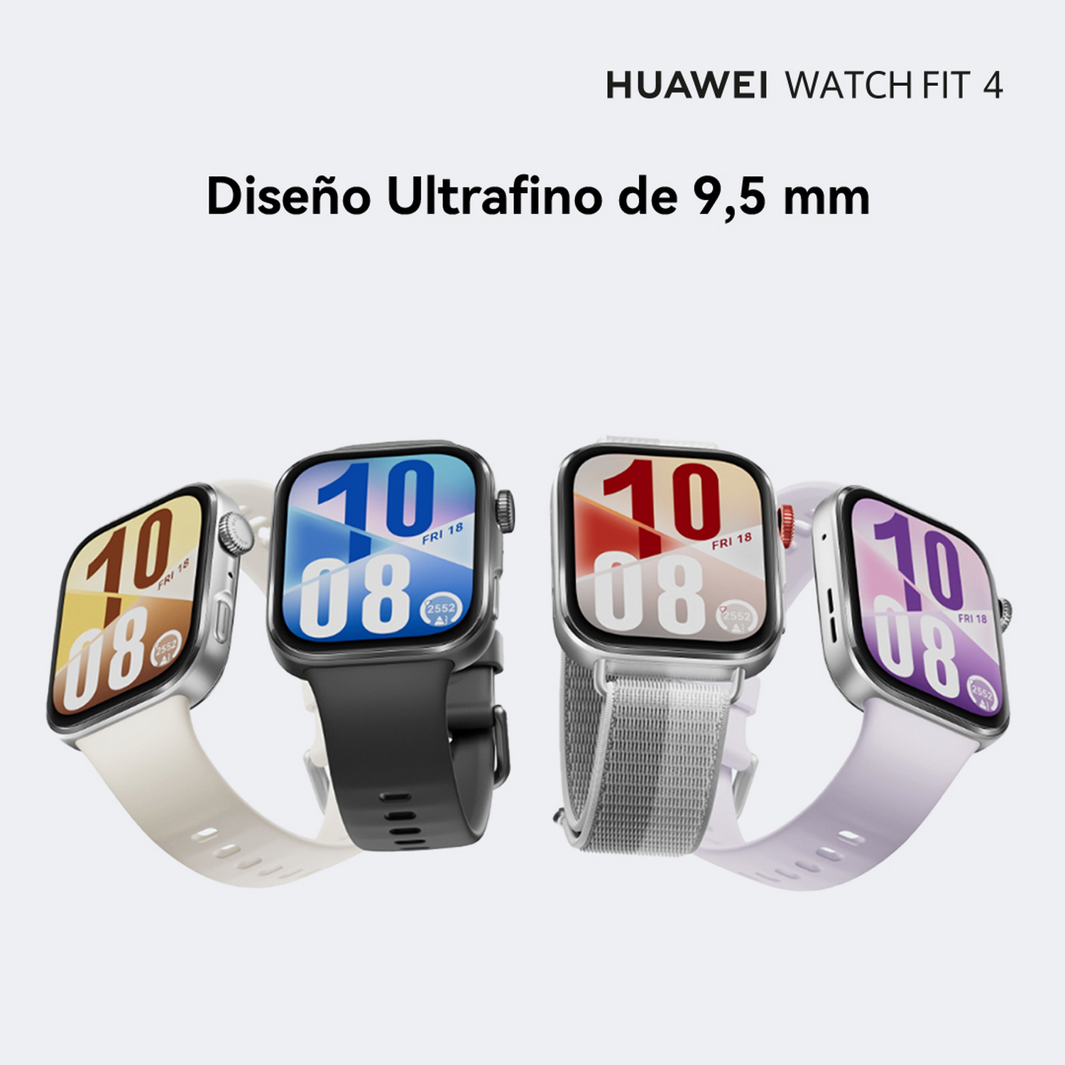 Cuatro smartwatches con correas de diferentes colores. Cada uno muestra la hora 10:08 en su pantalla. El fondo es blanco.