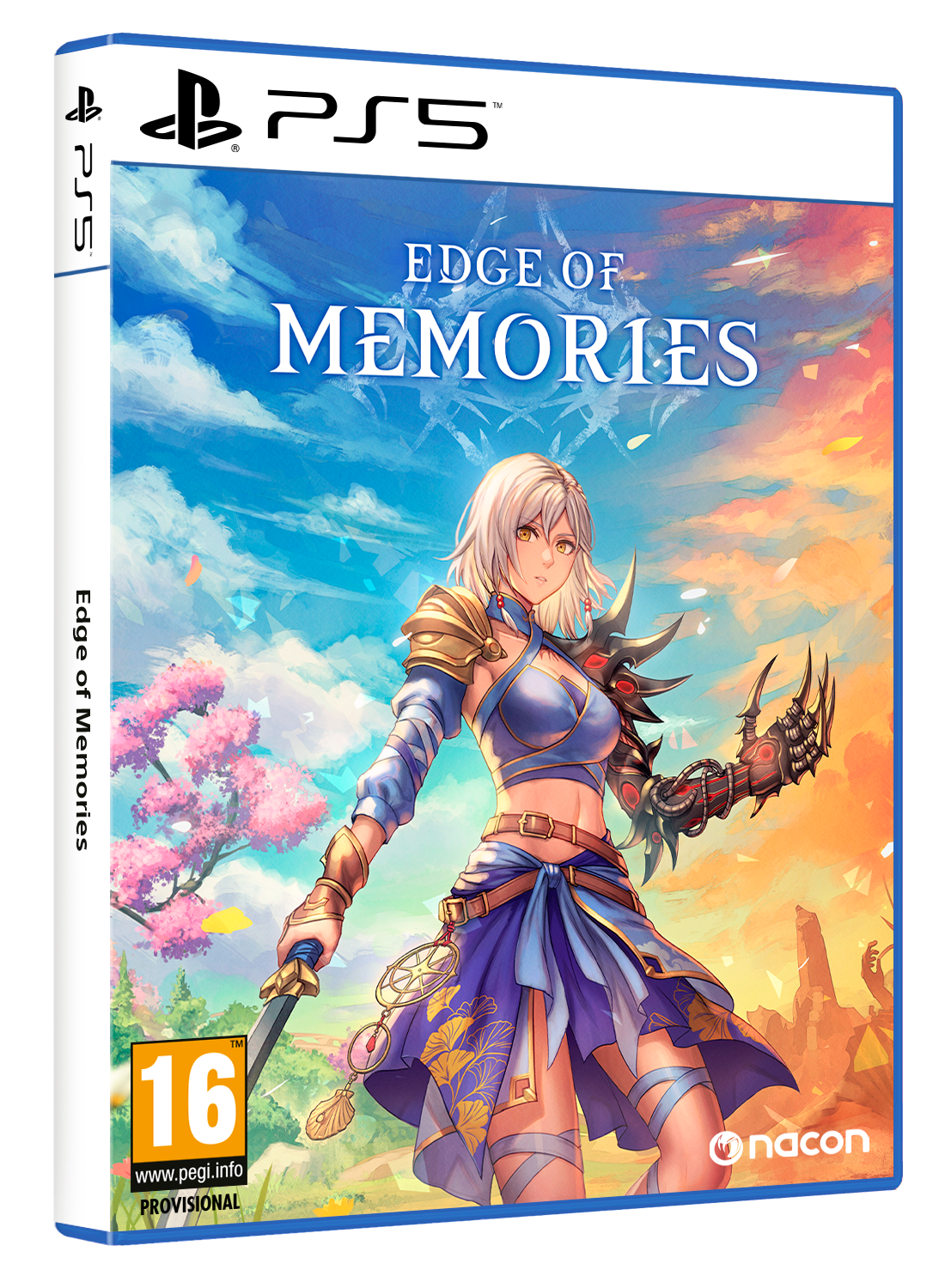 Arte de la caja del juego de PS5, una personaje femenina con espada frente a un cielo colorido. El juego es Edge of Memories.