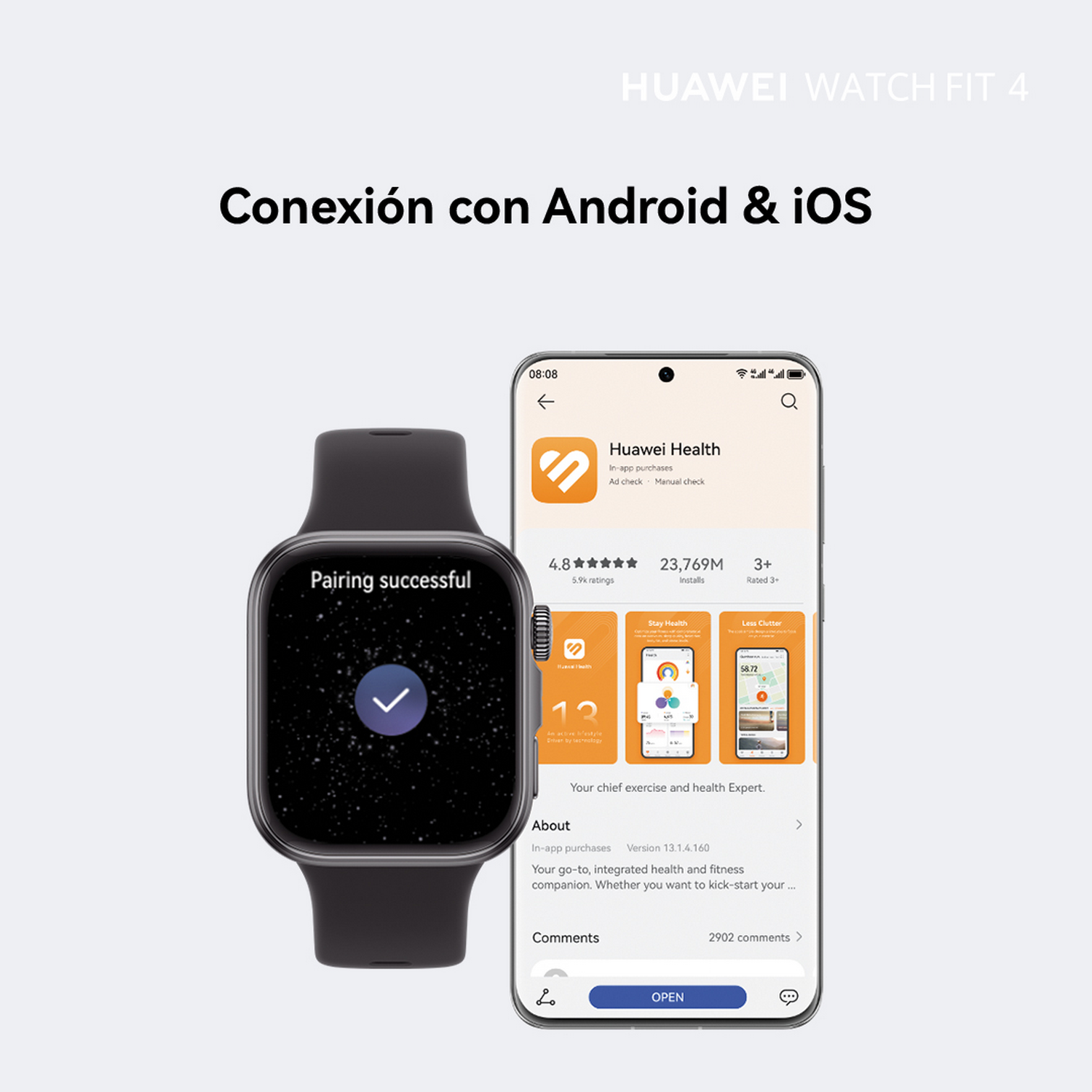 Un smartwatch muestra un mensaje de emparejamiento exitoso. Un teléfono muestra la aplicación Huawei Health, con detalles sobre salud y fitness.
