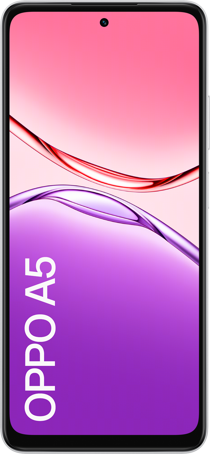 Una pantalla de smartphone muestra un fondo degradado en rosa y morado. El texto 'OPPO A5' se muestra verticalmente.