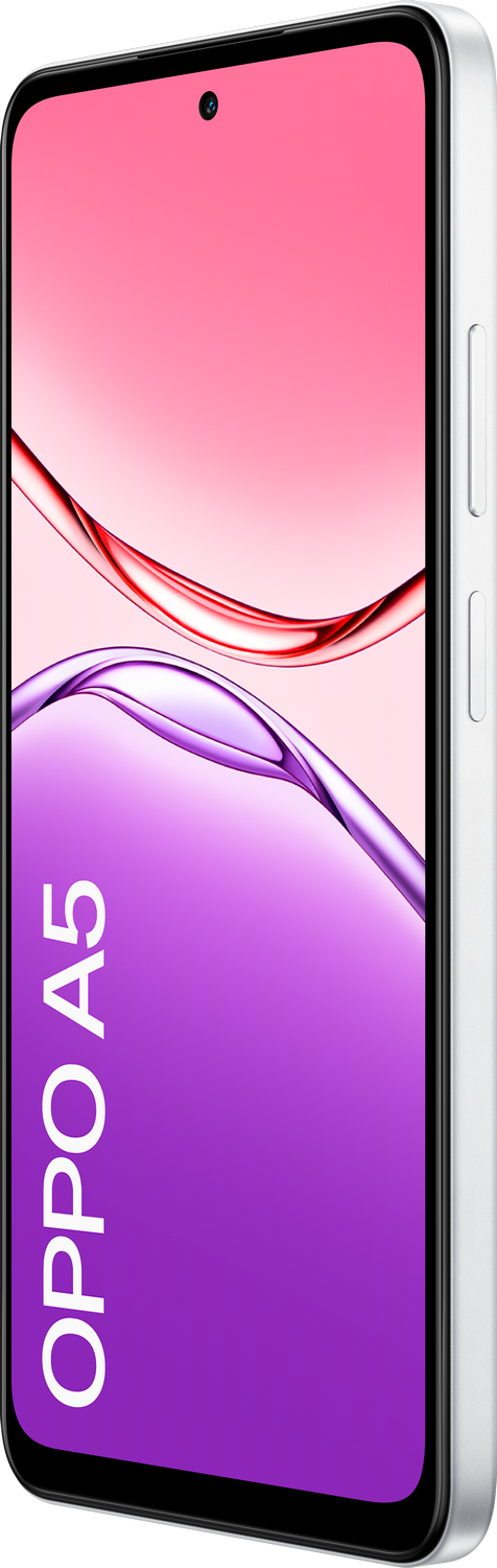 Un teléfono inteligente blanco con pantalla rosa y morada. El nombre del teléfono, OPPO A5, se muestra verticalmente.