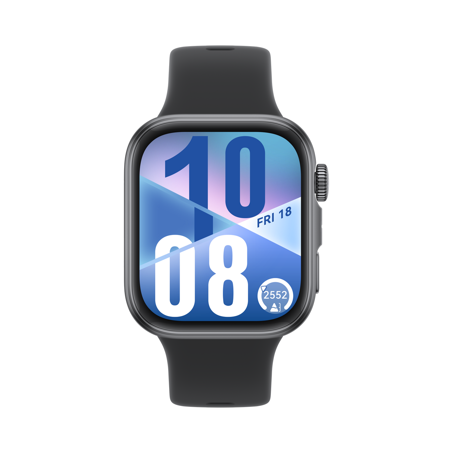 Un reloj inteligente con una correa negra muestra la hora: 10:08. La esfera muestra un diseño azul y blanco con la fecha, viernes 18.