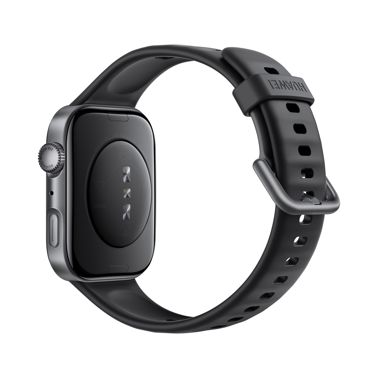 Se muestra un reloj inteligente Huawei negro. El reloj tiene una correa negra y una esfera plateada. La parte trasera del reloj es negra.