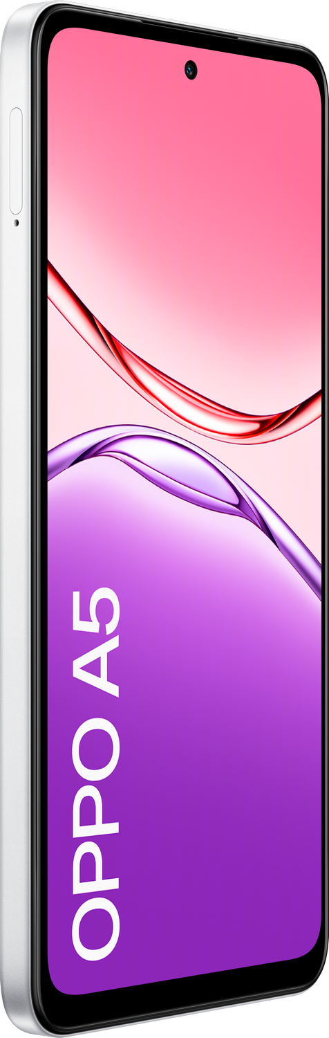 Un smartphone blanco con pantalla morada y rosa. La pantalla muestra el texto 'OPPO A5'.