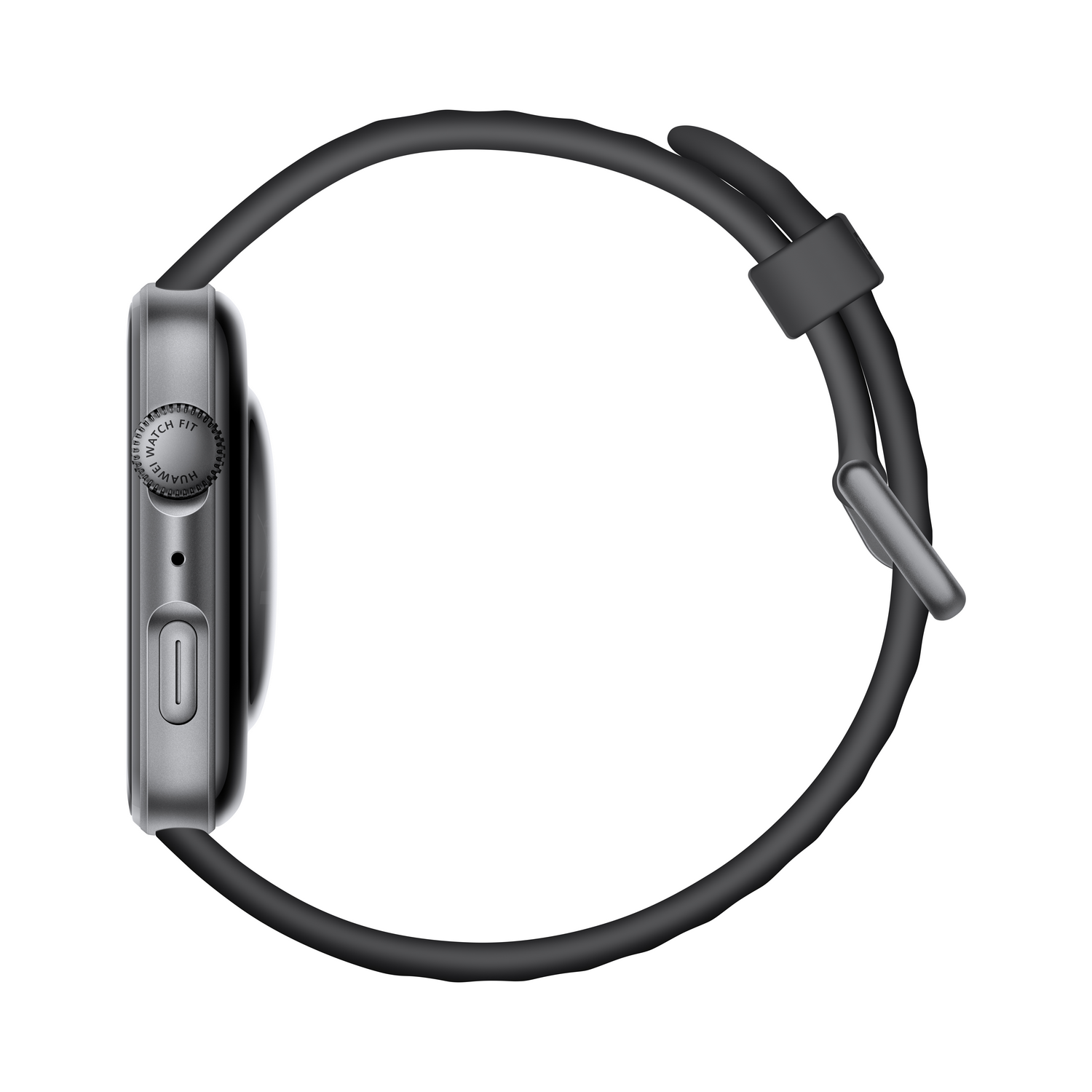 Vista lateral de un reloj inteligente Huawei Watch Fit plateado con correa negra. El reloj está sobre fondo blanco.