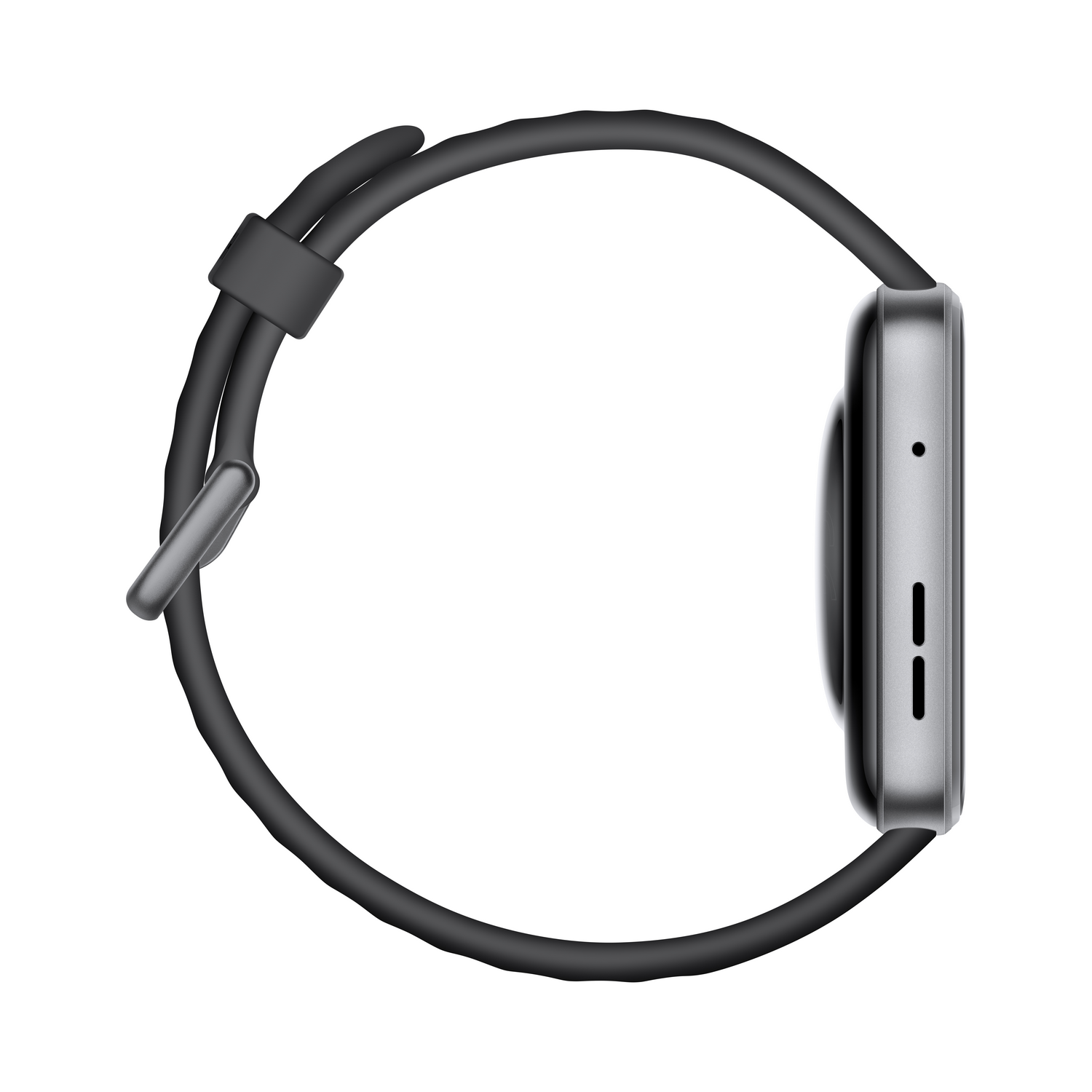 Vista lateral de un reloj inteligente. Tiene un cuerpo gris y una correa negra. El reloj está sobre un fondo blanco.