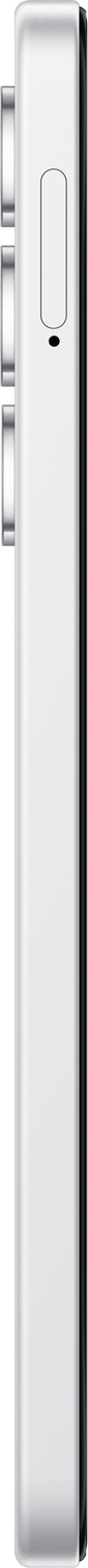 Un dispositivo vertical blanco brillante con un botón lateral y un punto negro. El fondo es gris.
