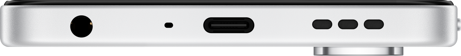 Primer plano del borde inferior de un teléfono: conector para auriculares, micrófono, puerto USB-C y altavoces. Cuerpo plateado con detalles negros.