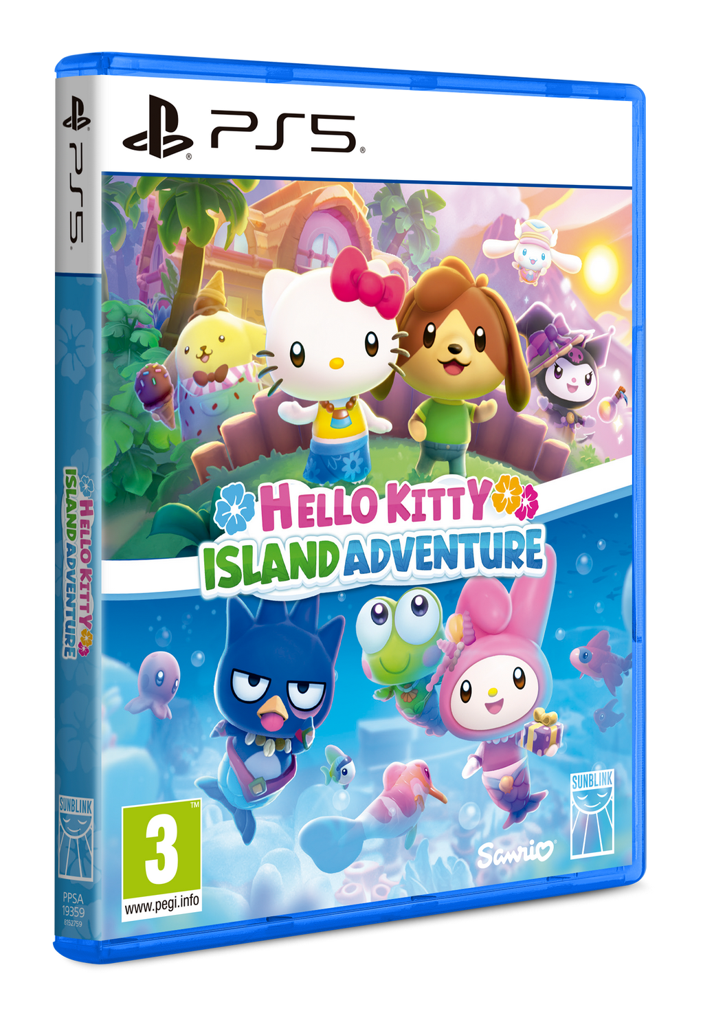 Una caja de juego de PlayStation 5 para Hello Kitty Island Adventure. Presenta a Hello Kitty y sus amigos en un entorno isleño colorido.