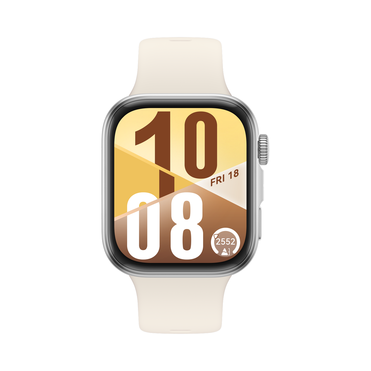 Un reloj inteligente con correa crema muestra la hora 10:08 y la fecha. El fondo es un degradado de marrón y oro.