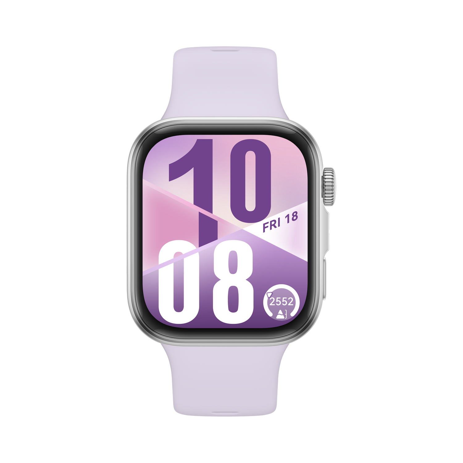 Un reloj inteligente con correa morada. La pantalla muestra la hora 10:08, viernes 18 y pasos 2552. El fondo es gris.
