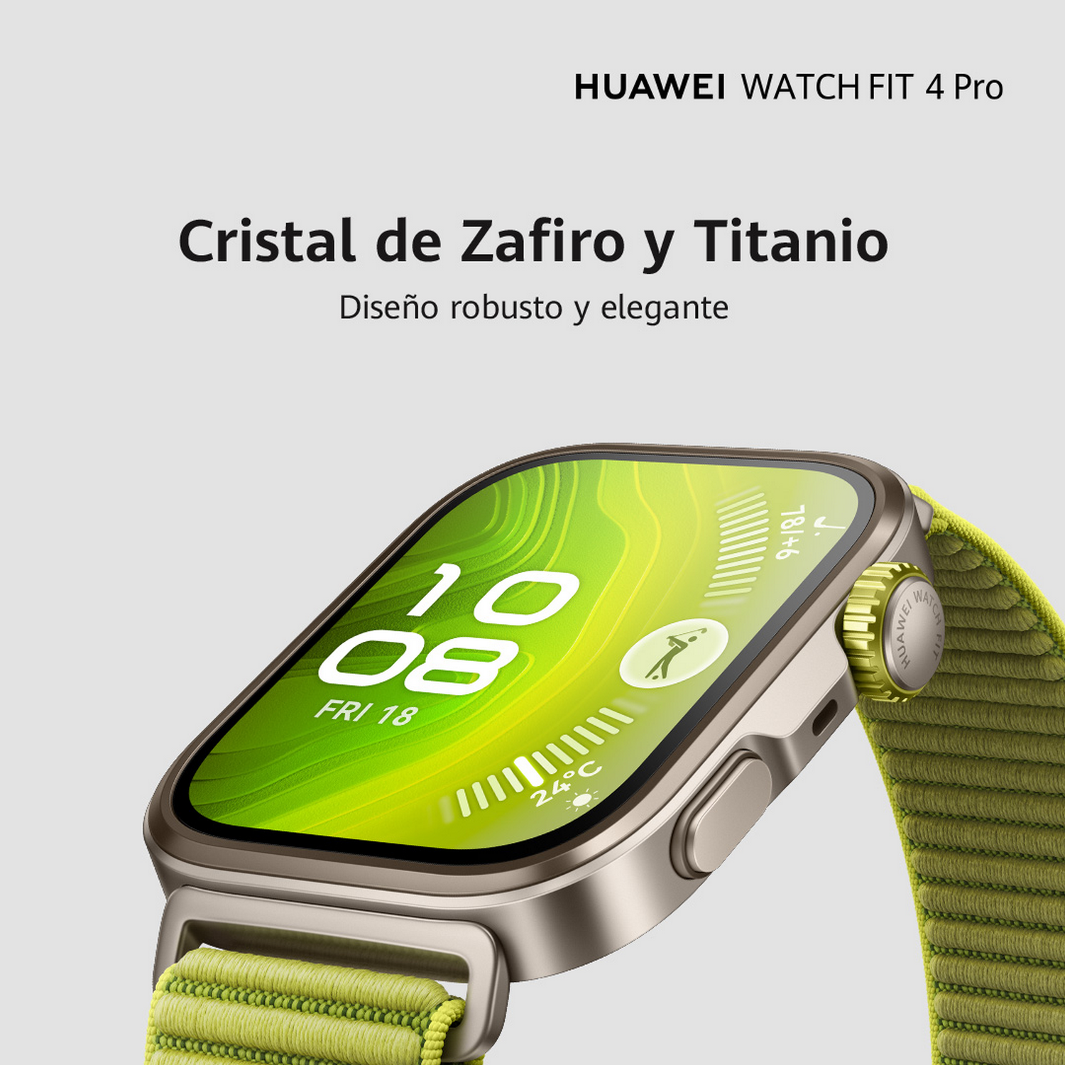 Un Huawei Watch Fit 4 Pro muestra la fecha y hora. Tiene una pantalla verde y una correa verde. El reloj es plateado y verde.