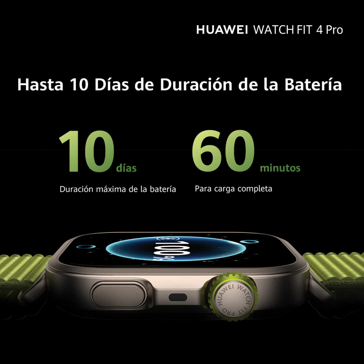 Huawei Watch Fit 4 Pro muestra la duración de la batería. Muestra 10 días de duración de la batería y 60 minutos para una carga completa.