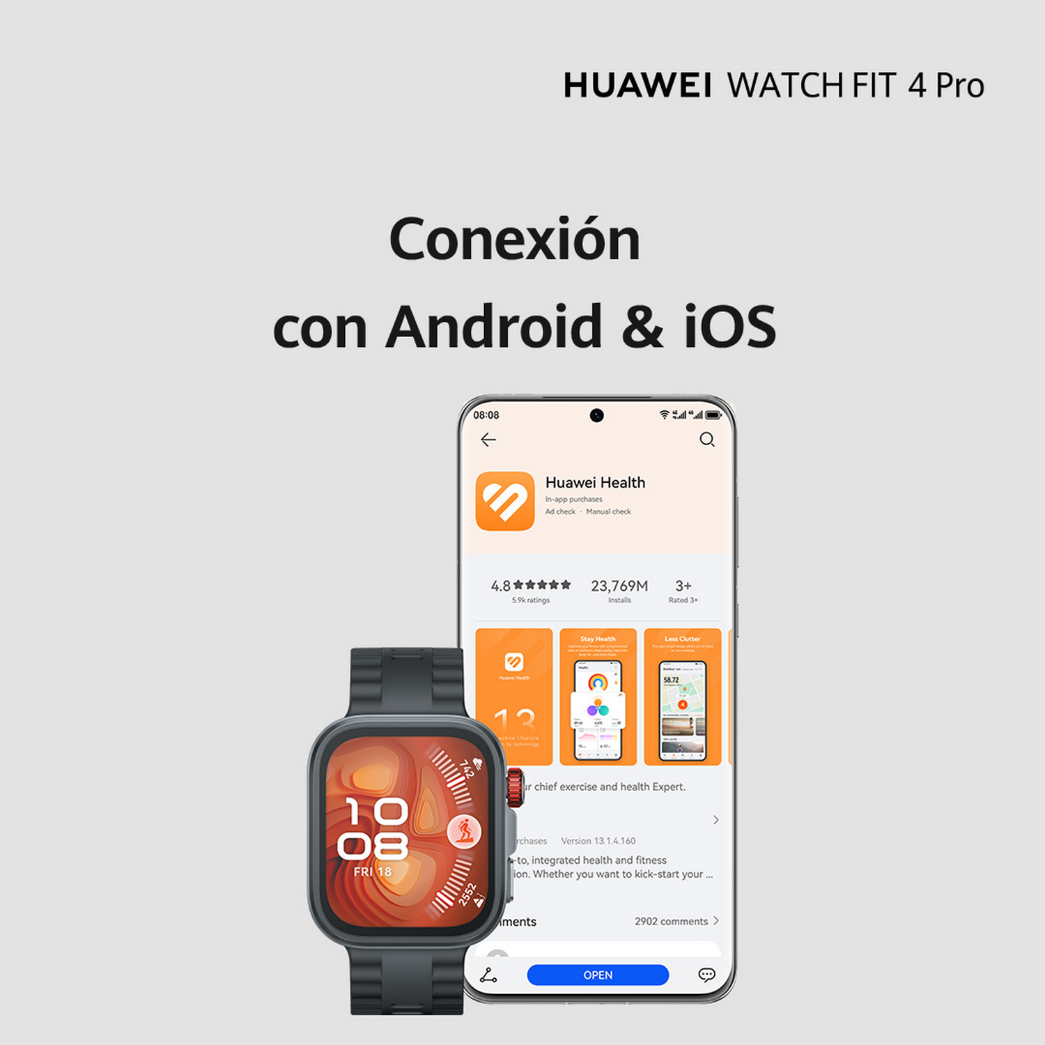Un Huawei Watch Fit 4 Pro con pantalla digital y una pantalla de teléfono que muestra la aplicación Huawei Health, conectándose a Android e iOS.