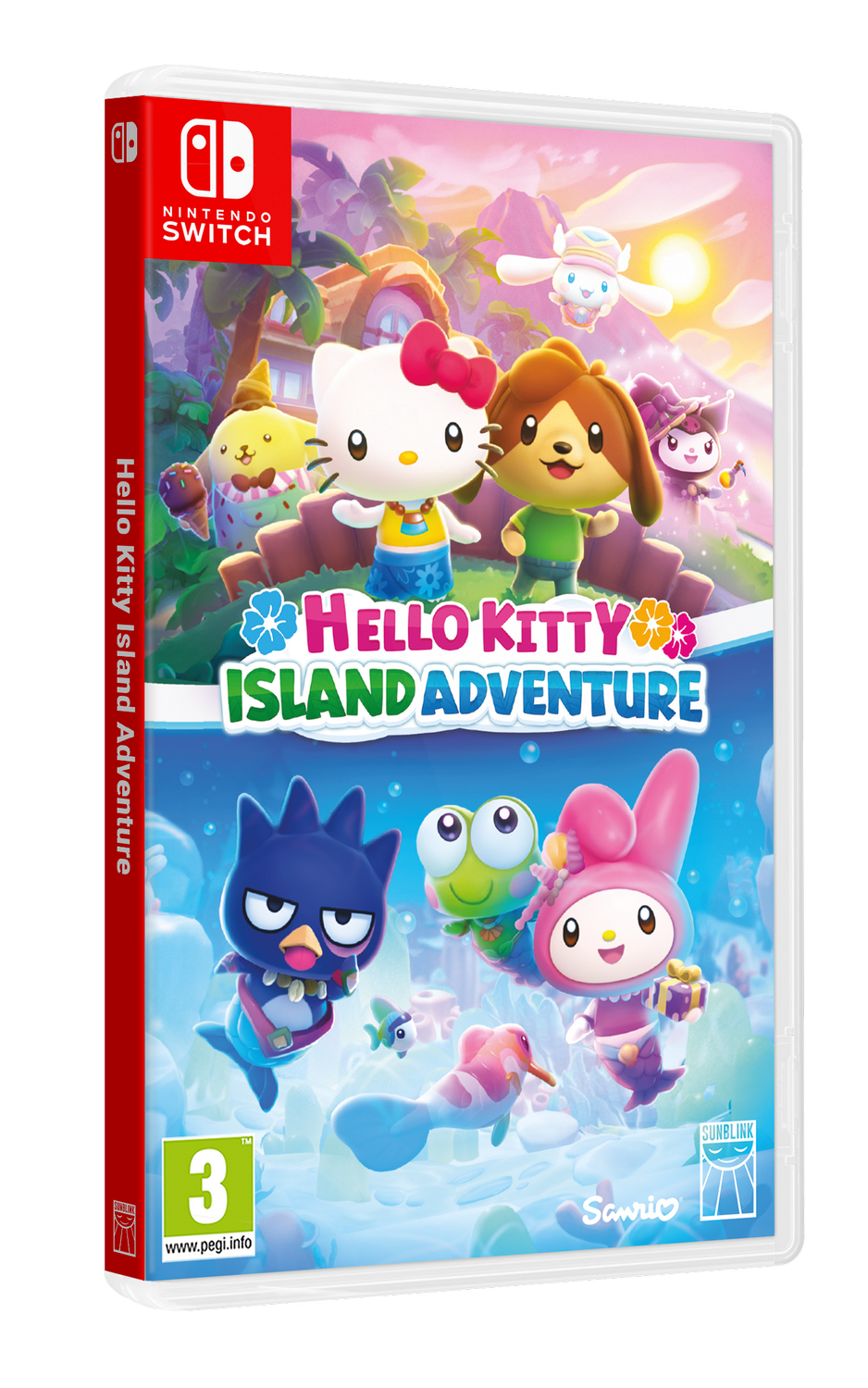 Portada del juego Hello Kitty Island Adventure. Personajes como Hello Kitty, perro y otros están en la portada. Logotipo de Nintendo Switch.